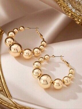 NEW! Stunning Bold Gold Bead Hoop Earrings - Women Jewelry